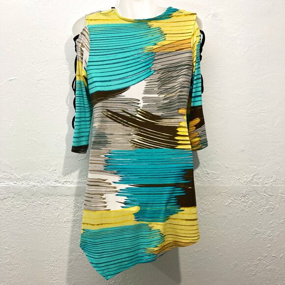 Fashque Studio Top Blouse Stretch Pullover Abstract Multi Asymmetrical S USA - Picture 2 of 11